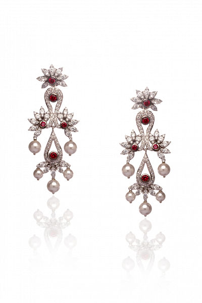 Red floral cubic zirconia and pearl earrings