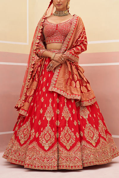 Red floral embroidered lehenga set