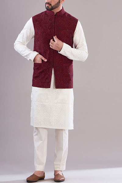 Red floral embroidered Nehru jacket