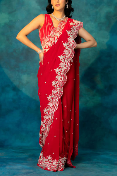 Red floral embroidered sari set