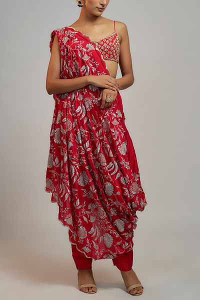 Red floral embroidery draped co-ord set