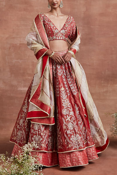 Red floral embroidery layered lehenga set
