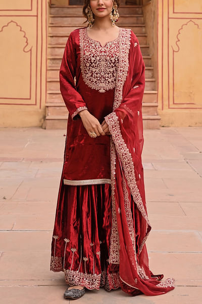 Red floral embroidery sharara set