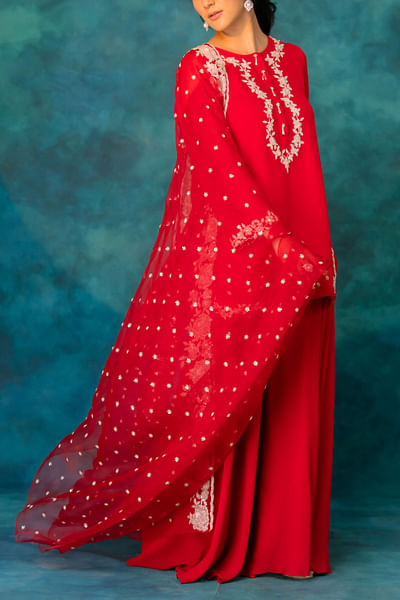 Red floral embroidery sharara set