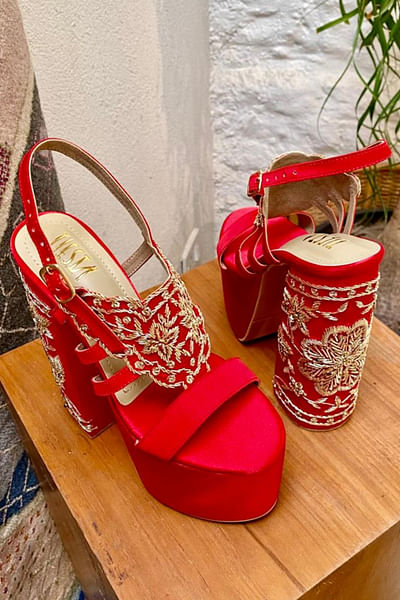 Red floral hand embroidery bridal block heels