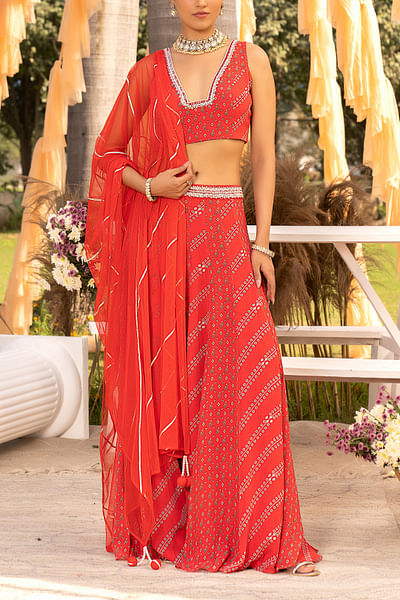 Red floral motif and stripe print lehenga set