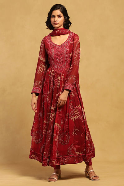Red floral pinted kurta set