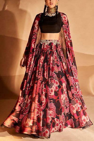 Red floral print cape lehenga set