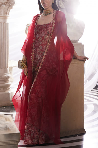 Red floral print cape set