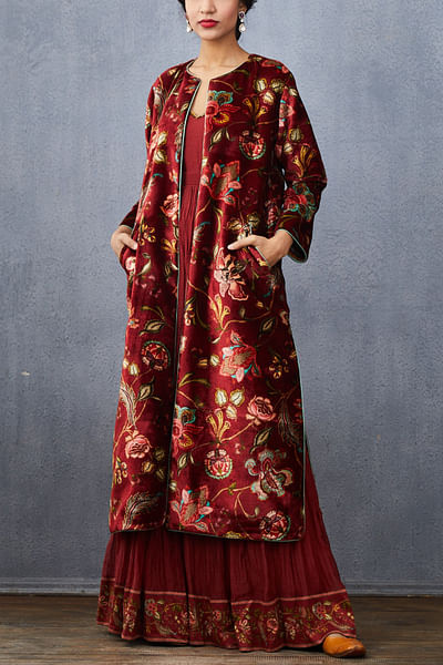 Red floral print choga jacket