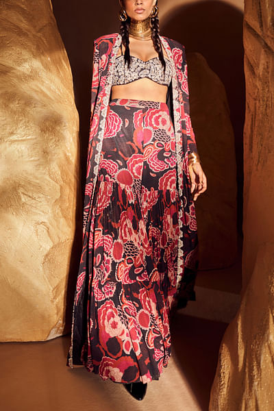 Red floral print jacket sharara set