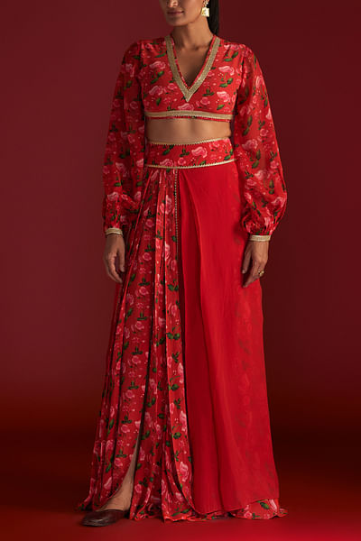 Red floral print layered skirt set