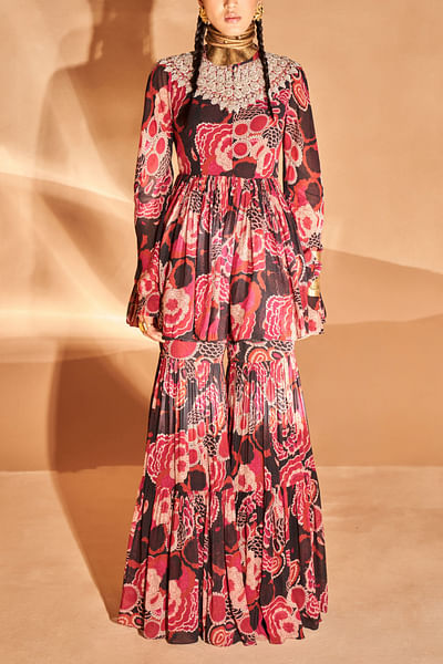 Red floral print peplum sharara set