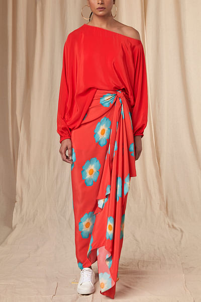 Red floral print poncho and draped skirt