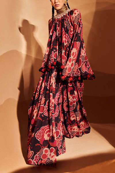 Red floral print poncho pants set