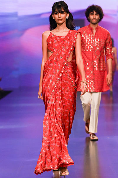 Red floral print pre-draped sari set