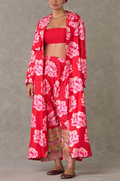 Red floral print trench coat set