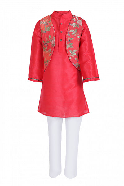 Red floral printed jacket and kurta set