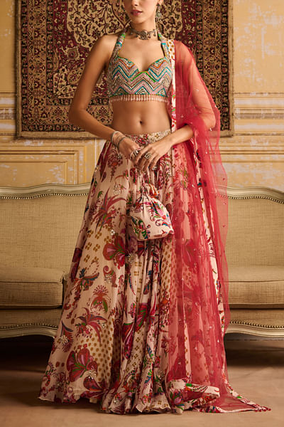 Red floral printed lehenga set