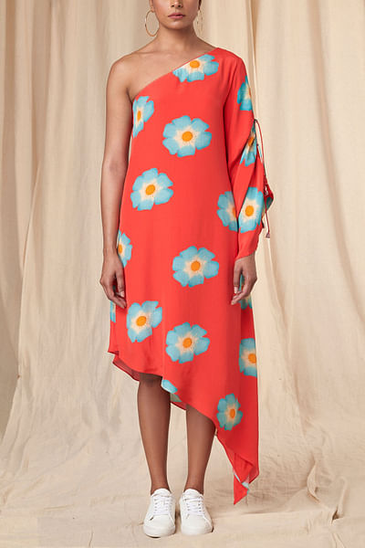 Red floral printed one-shoulder kaftan dress