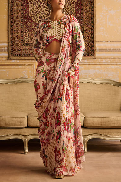 Red floral printed sharara sari set