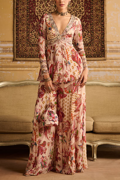 Red floral printed sharara set