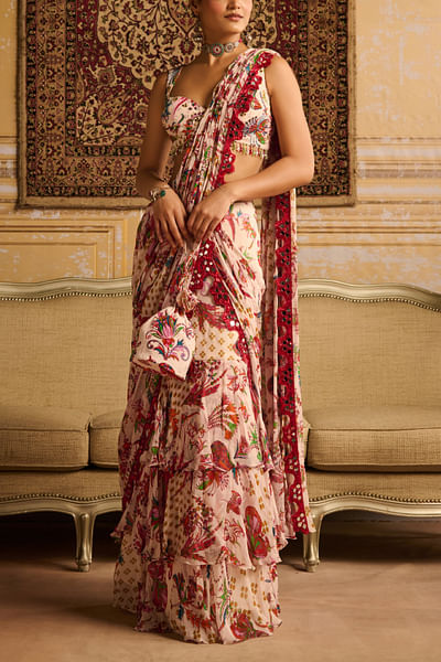Red floral printed skirt sari set