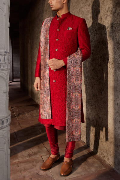 Red floral quilted sherwani set