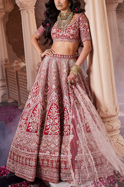 Red floral sequin and zardozi embroidered lehenga set