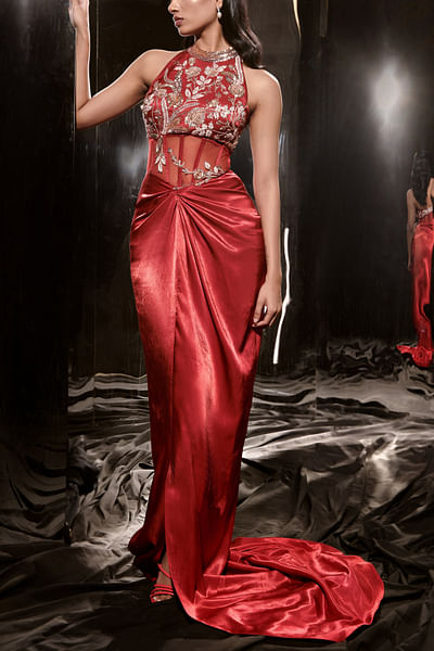 Red floral sequin embellished corset gown
