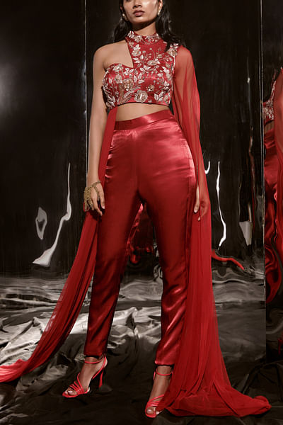 Red floral sequin embellished one-shoulder drape crop top and pants