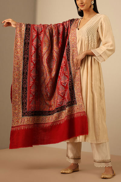 Red floral sozni work pashmina shawl