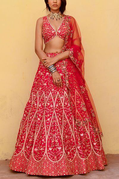 Red floral thread and zardozi embroidered lehenga set