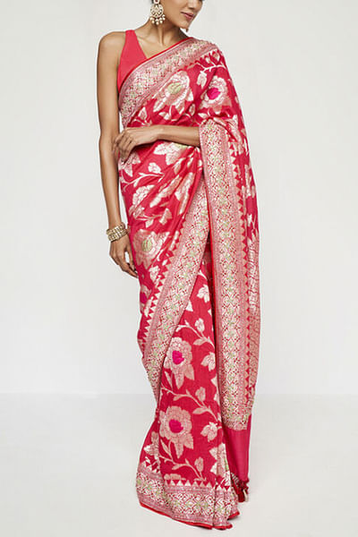 Red floral woven banarasi sari set