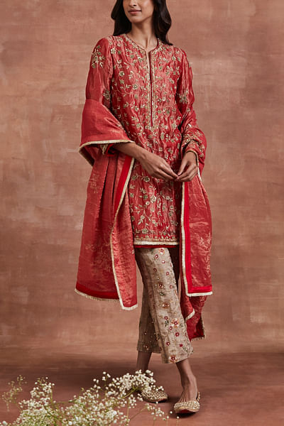 Red floral zardozi embroidery kurta set