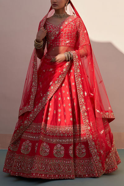 Red floral zardozi embroidery lehenga set