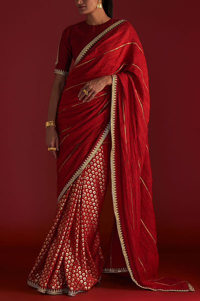 Red foil print half-n-half saree set