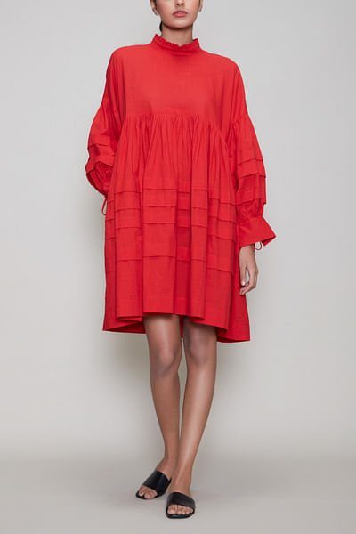 Red frills and pleats detailed cotton dress