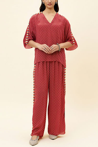 Red geometric print embellished co-ords