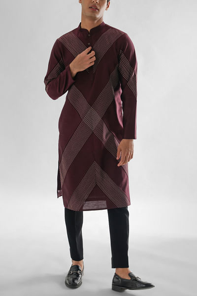 Red geometric stitch line detailed kurta set