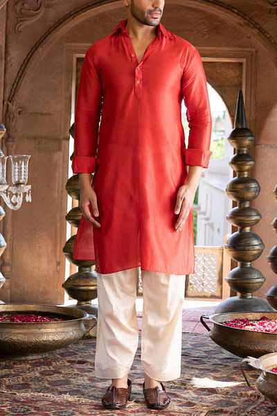 Red glaze cotton pathani kurta set