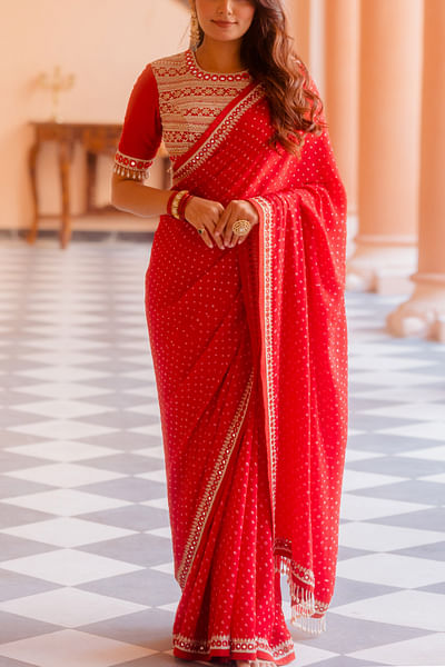 Red handcrafted bandhani sari set