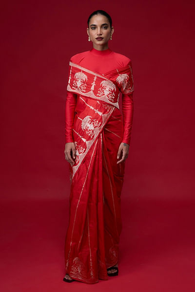 Red handwoven banarasi kadhwa sari