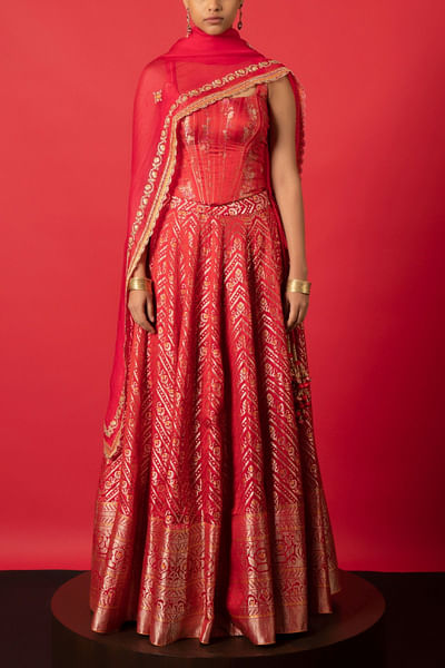 Red handwoven banarasi kadhwa satin silk lehenga set