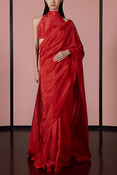 Red handwoven silk saree set