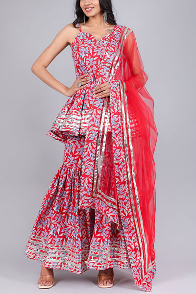 Red jaal print sharara set
