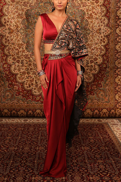 Red jamawar draped sari and belt set