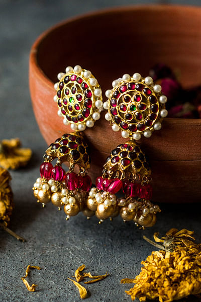 Red kemp stone and pearl embellished jhumkas