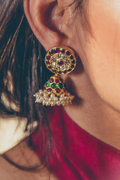 Red kemp stone and pearl jhumkas