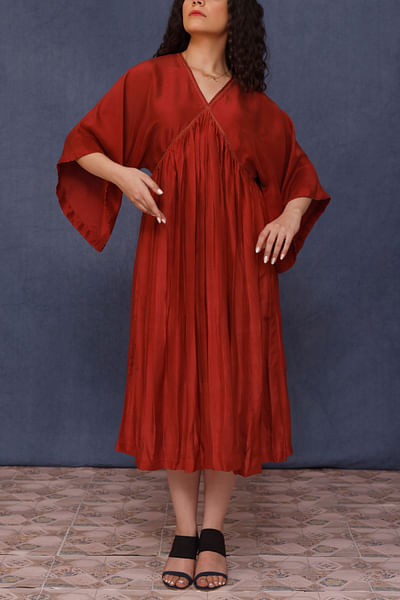 Red kimono gathered silk dress